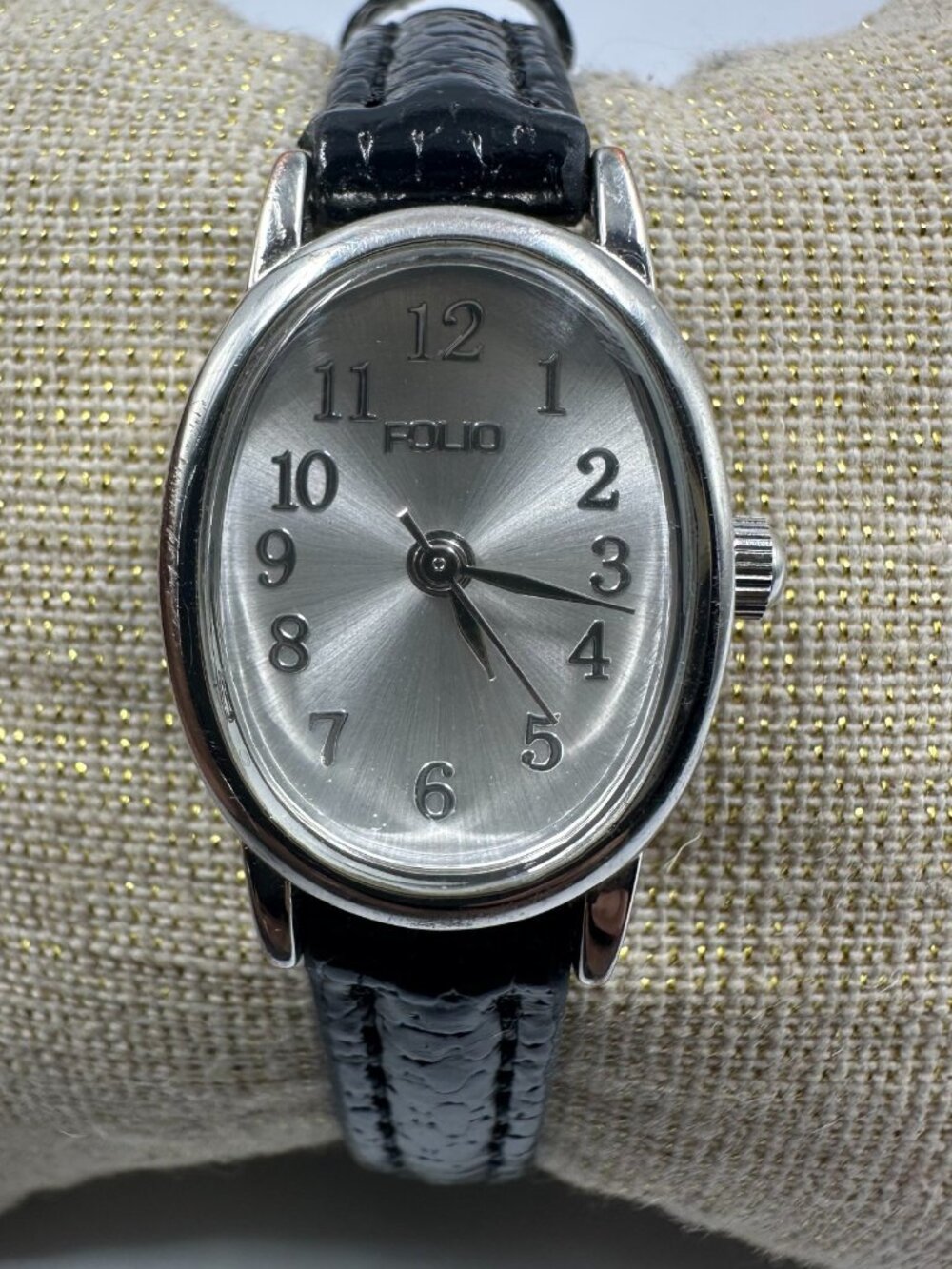3/$30 Folio Watch Women Silver Tone Oval Dial Thin Black Band New Battery 8.5 "